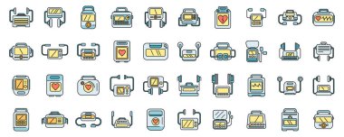 Defibrilatör simgeleri ana vektörü ayarlayın. Ambulans çağırın. Otomatik elektrik ince çizgi rengi beyaz üzerine düz