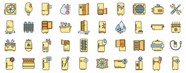 Buzdolabı tamir ikonları ana hat vektörünü ayarlayın. Buzdolabı kapısı. Açık soğuk ince çizgi beyaz üzerine düz çizgi rengi