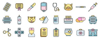 Veterinerlik kliniği ikonları ana hatları belirledi. Evcil köpek. Yavru hayvan ince çizgi beyazı düz