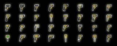 Lazer termometre simgeleri dış hat vektörünü ayarlıyor. Isı cihazı. Siyah üzerine Celsius korona neon rengi