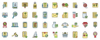 Düzenlenmiş ürün simgeleri ana hatları belirler. Kalite kontrolü. Güvenlik testi ince çizgi rengi bembeyaz