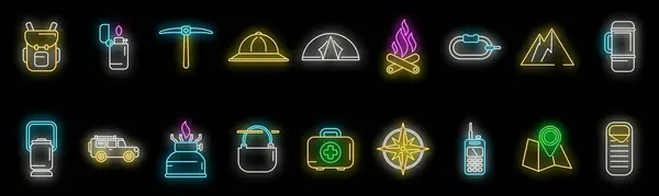 stock vector Expedition icons set outline vector. Hiker adventure. Alpine wind neon color on black