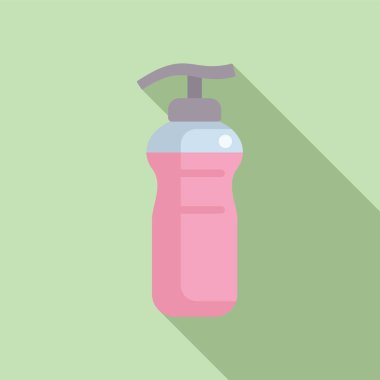 Düz tasarım ikonu, yeşil arka planda pompalı pembe sıvı sabun şişesi ve gölgesi.