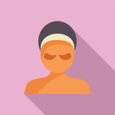 Düz tasarım ikonu, yüz maskeli bir kadının pembe arka planda spa gününün tadını çıkarması.