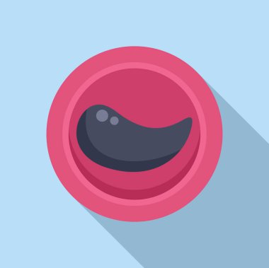 Yuvarlak bir kasedeki çizgi film bifteğinin çağdaş düz tasarımı, mavi bir yüzeyde yumuşak bir gölgesi var.