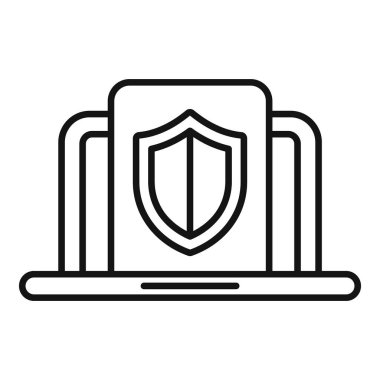 Siber güvenlik simgesi olarak bir kalkan ve veri merkezini temsil eden basit bir siyah beyaz çizgi çizimi