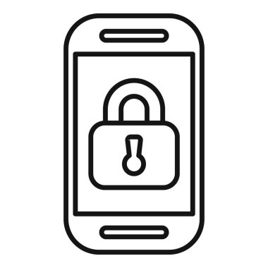 Mobil güvenlik kavramının asma kilitle gösterimi. Akıllı telefonmuş. Ve siyah beyaz çizgi sanatında veri koruma sembolleri. Güvenli dijital güvenliği temsil ediyorum. Siber şifreleme