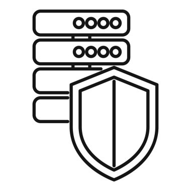 Beyaz arkaplanda izole edilmiş, teknoloji ağında siber güvenlik ve veri korumasını temsil eden, siyah beyaz kalkanlı sunucu güvenlik simgesinin vektör ilülasyonu