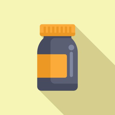 Etiketli bir hap şişesinin düz bir illüstrasyonunu içeren grafiksel simge tasarımı, yumuşak gölgede