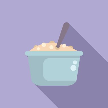 Mor arka planda kaşıkla bir kasede kremalı pirinç pudinginin enfes vektör çizimi