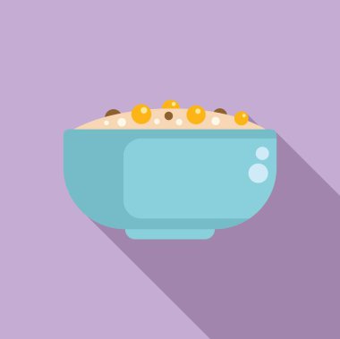 Mor arka planda beyaz taneli ve portakal meyveli mavi mısır gevreği kasesinin düz tasarım simgesi.