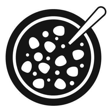 Bir çorba kasesinin basit siyah beyaz bir kaşık ile izole edilmiş vektör çizimi.