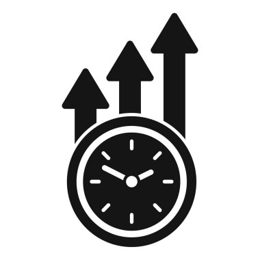 Black and white icon of a clock with upward arrows representing growth over time clipart