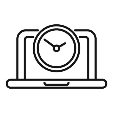 Merkezi saati olan bir dizüstü bilgisayarı tasvir eden minimalist satır simgesi, zaman yönetimi ve son teslim tarihlerini simgeliyor