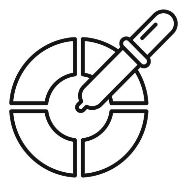 Black and white icon of a pipette dispensing a sample into a segmented circular plate clipart