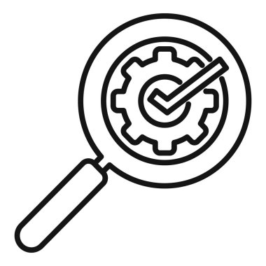 Mühendislik, imalat ve sanayide güvence ve doğrulama süreci için büyüteç, kontrol işareti ve dişli kalite kontrol konsepti simgesi