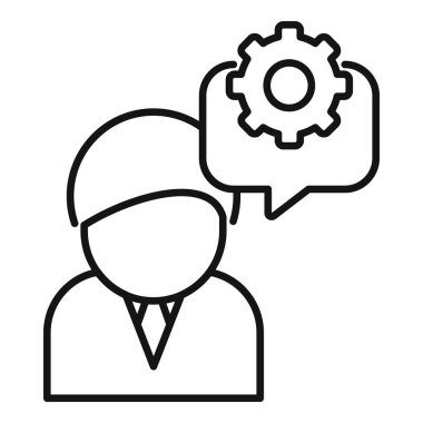 Teknik teknoloji endüstrisinde yenilik ve problem çözmede vektör grafik tasarım sembolü olarak kullanılacak teçhizat, konuşma balonu ve beyin fırtınası içeren mühendis düşünme konsepti.