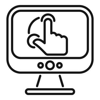 Dokunmatik ekran monitörünün el sembolü ile etkileşim gösteren dış hat vektör simgesi