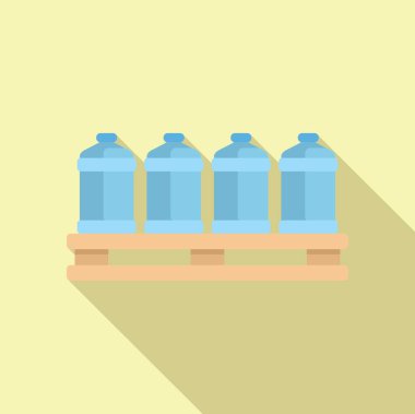 Digital illustration of four blue water jugs lined up neatly on a wooden pallet, with a cast shadow clipart