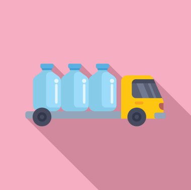Pembe arka planda büyük su şişeleri olan sarı bir kamyonun düz tasarım çizimi.