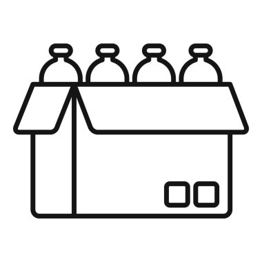 Süt şişelerinin, beyaz arka planda bir sandık simgesinde sadeleştirilmiş siyah çizgi sanatı