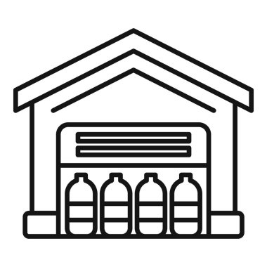 Süt şişelerini şekillendirilmiş bir mandıra ambarının önünde tasvir eden basit siyah çizgi sanatı.