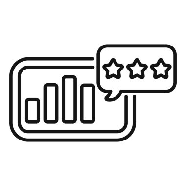 İş değerlendirmesi ve kalite değerlendirmesi için beş yıldızlı müşteri memnuniyeti değerlendirme ikonu. Siyah beyaz bir tasarımı var. Sohbet balonu ve bar çizelgesi vektörü