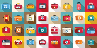 İlk yardım çantası simgeleri vektör ayarlandı. Çeşitli tasarım ve renklerle dolu tıbbi çantalar. Organizasyon kavramı ve acil durumlara hazırlık