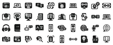 Çevirmen uygulama simgeleri vektör belirledi. Çeşitli aygıtlar ve uygulamalar için bir simge koleksiyonu. Simgeler arasında bir bilgisayar, bir cep telefonu, bir tablet, bir klavye, bir fare, bir kitap, bir kamera, bir mikrofon bulunuyor.