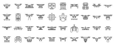 Tarım ikonlarındaki dronlar vektör belirliyor. Çeşitli insansız hava araçları ve diğer uçan cihazlardan oluşan bir koleksiyon. Bazı dronlar küçük, bazıları büyük.