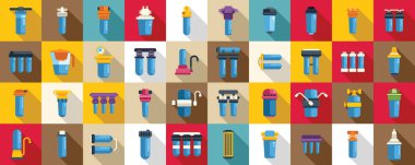 Su arıtma simgeleri için filtre ayarlandı. Kırmızı ve sarı arkaplanlı mavi su filtreleri koleksiyonu. Filtreler şebeke şeklinde düzenlenmiş.