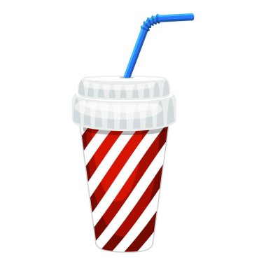 Beyaz arka planda mavi pipetli kırmızı ve beyaz çizgili tek kullanımlık bir bardak tasviri