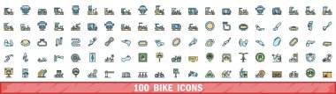 100 bike icons set. Color line set of bike vector icons thin line color flat on white clipart