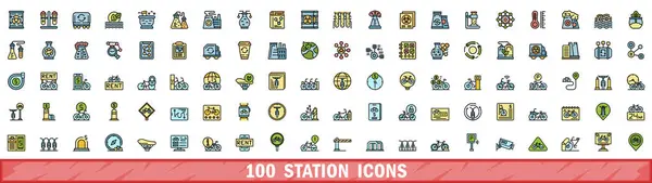 stock vector 100 station icons set. Color line set of station vector icons thin line color flat on white