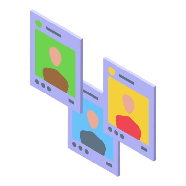 Beyaz arkaplana karşı üç izometrik dijital ekran renkli kullanıcı profillerini bir satırda gösterir