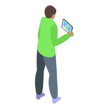 Modern bir dokunmatik ekran teknolojisi olan tablet kullanan bir adamın vektör çizimi. Taşınabilir. Ve izometrik tasarım. İnternette gezinip duruyorum. Sosyal medyaya girmek. Ve çevrimiçi çalışıyor
