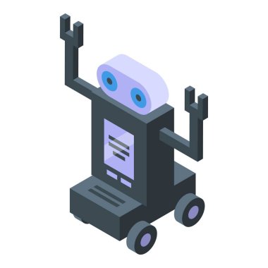 Kollarını kaldırıp zafer pozu veren neşeli çizgi film robotunun 3 boyutlu izometrik çizimi