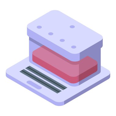 Modern teknoloji ve dijital tasarımı pastel renklerde olan Isometric ofis yazıcısı çizimi. Çağdaş bir matbaa makinesinin vektör grafiği. Bir masaüstünde izole edilmiş