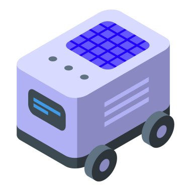 Tekerlekleri olan küçük taşınabilir güneş enerjili jeneratörün 3 boyutlu izometrik görüntüsü