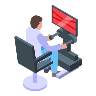 Oyun kumandalı ve geniş ekran monitörlü uçuş simülatörü kullanan bir kişinin Isometric illüstrasyonu