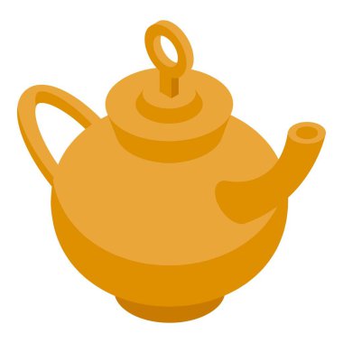 Çay saati için modern izometrik turuncu çaydanlık çizimi ve vektör biçiminde mutfak eşyası tasarımı