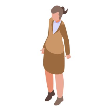 Beyaz bir arka planda izole edilmiş, resmi kurumsal kıyafet içinde duran profesyonel bir iş kadınının Isometric vektör çizimi