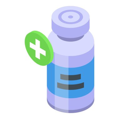 Yeşil artı işareti olan bir ilaç şişesinin renkli izometrik çizimi