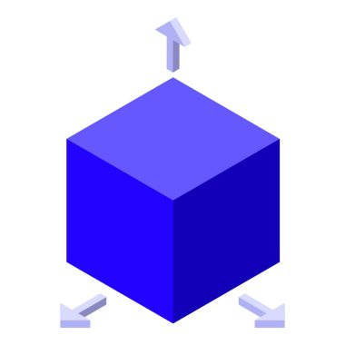 Yönsel okları olan canlı mavi bir küpün 3d izometrik çizimi