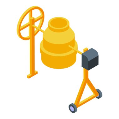 İnşaat sarısında el arabası ve küreği olan bir beton karıştırıcının iztrik vektör grafiği