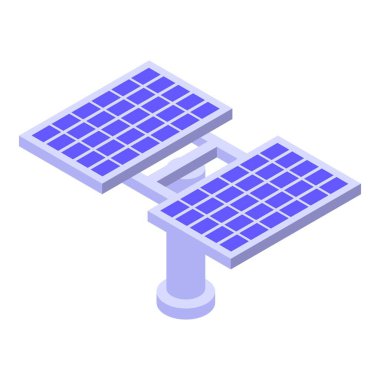 Isometric solar paneller vektör illüstrasyonunu mavi ve mor modern tasarımla, yenilenebilir enerji üretimini ve sürdürülebilir enerji kaynağını fütüristik eko dostu teknoloji sisteminde tasvir eder.