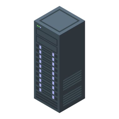 Çeşitli bilgisayar donanımı, ağ depolama ve ekipmanlara sahip bir veri merkezinde modern bir sunucu rafının ayrıntılı izometrik çizimi