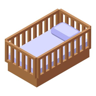 Yastık ve battaniyeyle izometrik manzaralı boş bir ahşap bebek beşiğinin dijital çizimi