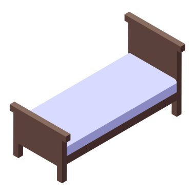 Ahşap çerçeveli tek bir yatağın dijital çizimi ve izometrik görünümlü mavi bir yatak.