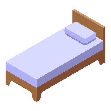 Mor battaniyeli tek bir ahşap yatağın basit ve modern izometrik çizimi